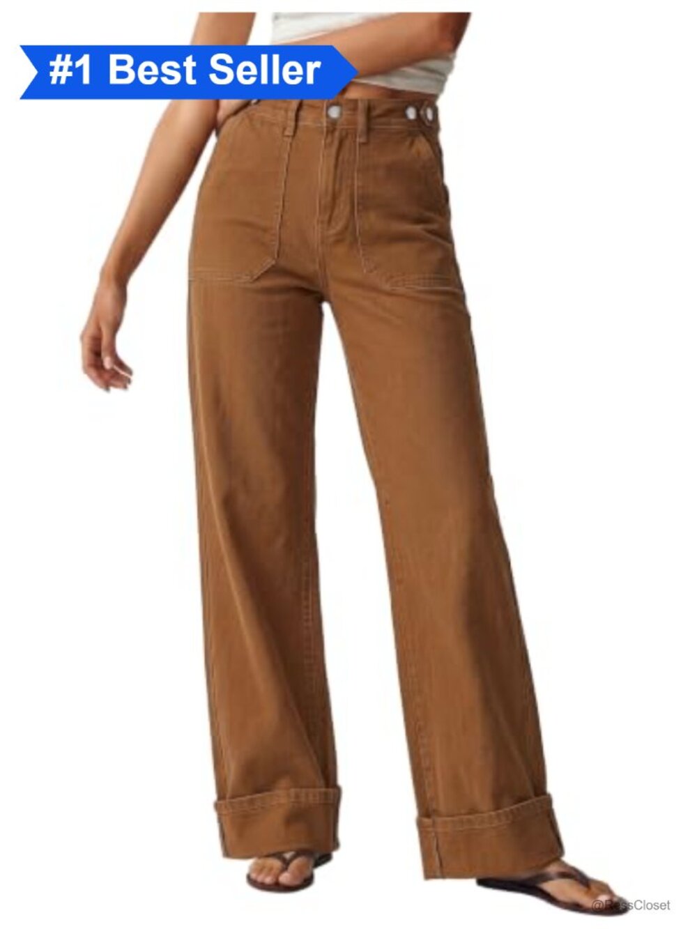 Cuffed Hem High Waisted Wide Leg Jeans Adjustable Waist Stretch Denim Pants
